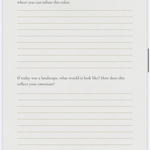 May include: A lined journal page with the text "Think of a color that represents calm for you. Describe situations where you can infuse this color." and "If today was a landscape, what would it look like? How does this reflect your emotions?"  The page has the text "@peaceofmyjournal" at the bottom.