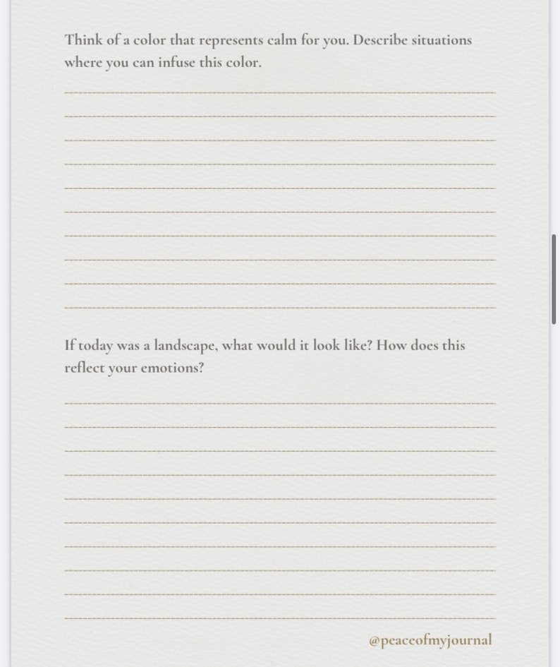 May include: A lined journal page with the text "Think of a color that represents calm for you. Describe situations where you can infuse this color." and "If today was a landscape, what would it look like? How does this reflect your emotions?"  The page has the text "@peaceofmyjournal" at the bottom.