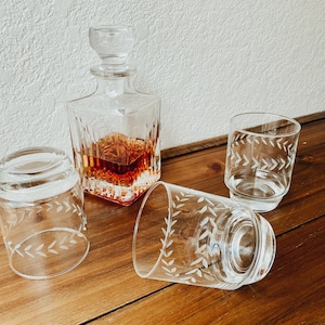 Vintage Double Old Fashion Etched Large Whiskey Glasses Rocks Glasses
