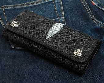 Leather Trifold Long Biker Wallet, Genuine Stingray Exotic Skin Harley Rider Motorcycle Chain Men's