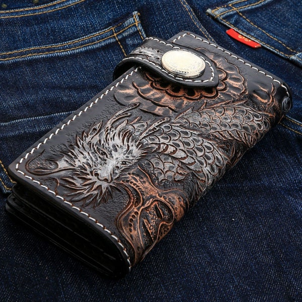 Leather Biker Wallet, Dragon Carved Handmade Men's Large Harley Wallet