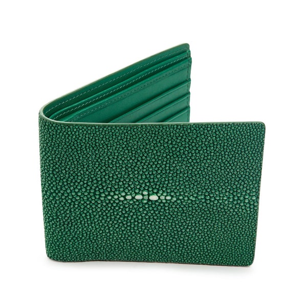 Green Polished Stingray Wallet, Men's Bifold Leather Wallet Exotic