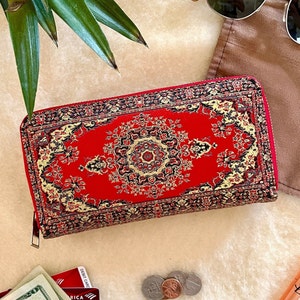 Boho Turkish Carpet Wallet: Handmade Vegan Brocade Zip Around