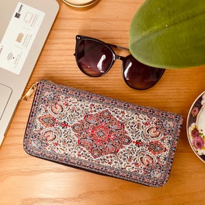 Boho Zip Around Wallet: Turkish Carpet Design, Vegan Leather