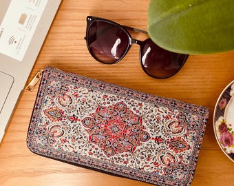 Boho Zip Around Wallet: Turkish Carpet Design, Vegan Leather