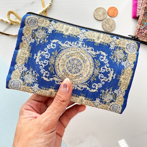 Mini monedero hecho a mano, bolsa de tela boho hecha a mano, monedero lindo, bolsa con cremallera de tela, bolso de viaje de maquillaje pequeño monedero de regalo Azul