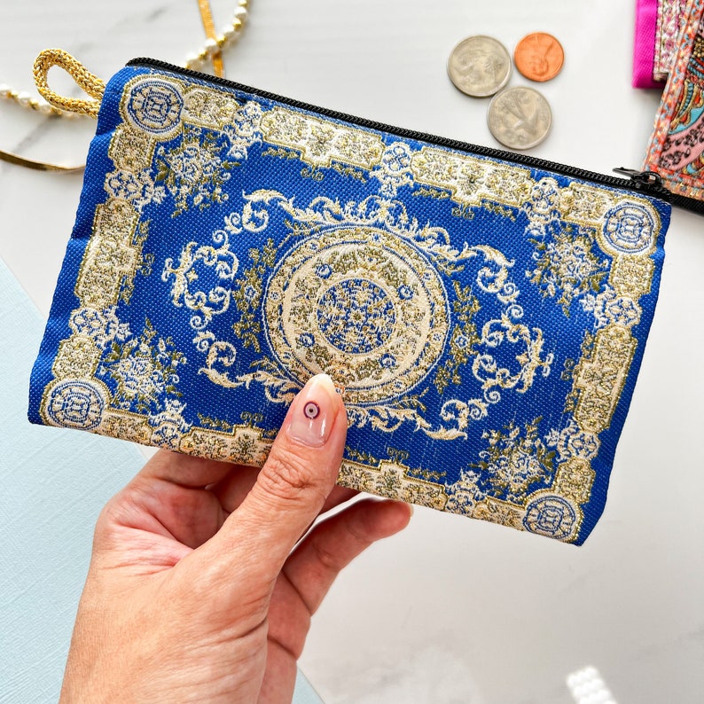 Mini monedero hecho a mano, bolsa de tela boho hecha a mano, monedero lindo, bolsa con cremallera de tela, bolso de viaje de maquillaje pequeño monedero de regalo Azul