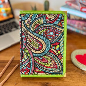 Handmade Fabric Journal: Turkish Carpet Pattern Boho Notebook Green