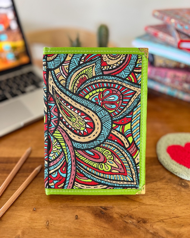 Handmade Fabric Journal: Turkish Carpet Pattern Boho Notebook Green