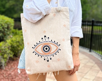 Handmade Woven Shoulder Bag, Boho Shoulder Bag, Fabric Beach Bag, Floral Shoulder Bag, Evil Eye Tote Bag, Evil Eye Beach Bag