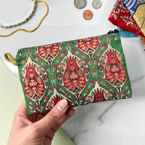 Handmade Boho Fabric Coin Purse: Small Zipper Pouch, Travel Makeup Bag Green Tulip