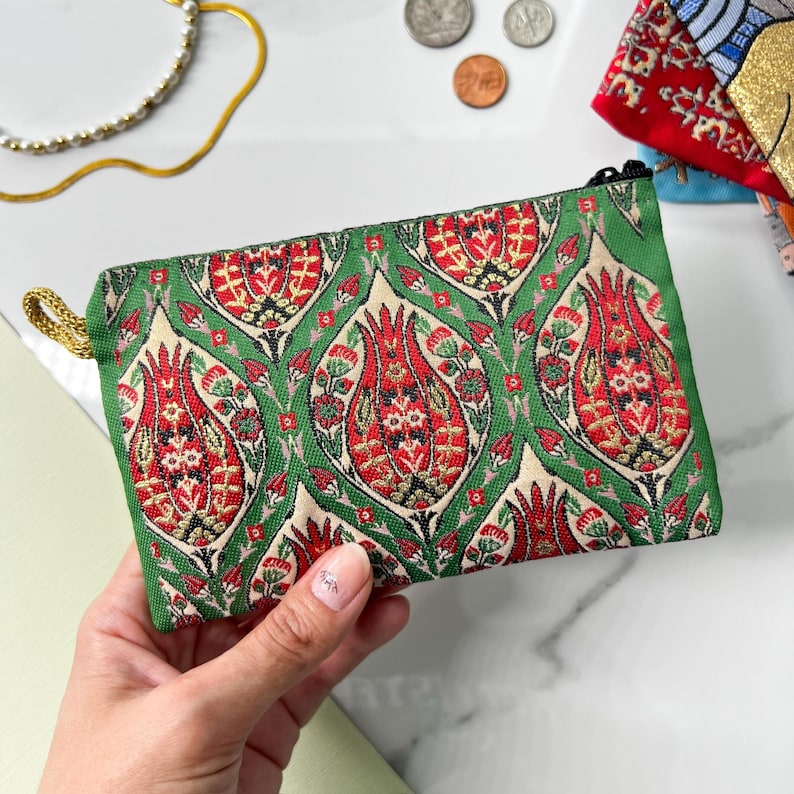 Handmade Boho Fabric Coin Purse: Small Zipper Pouch, Travel Makeup Bag Green Tulip