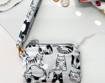 Cat Design Coin Purse with Wristlet: Handmade Cotton Zipper Pouch