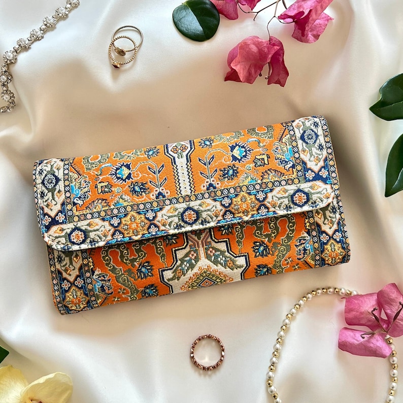 Boho wallet in orange, handmade fabric wallet, wallet women