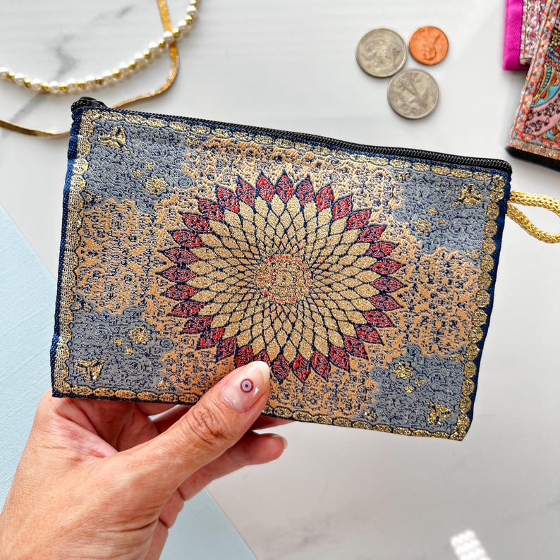 Handmade Boho Fabric Coin Purse: Small Zipper Pouch, Travel Makeup Bag Gray Mandala