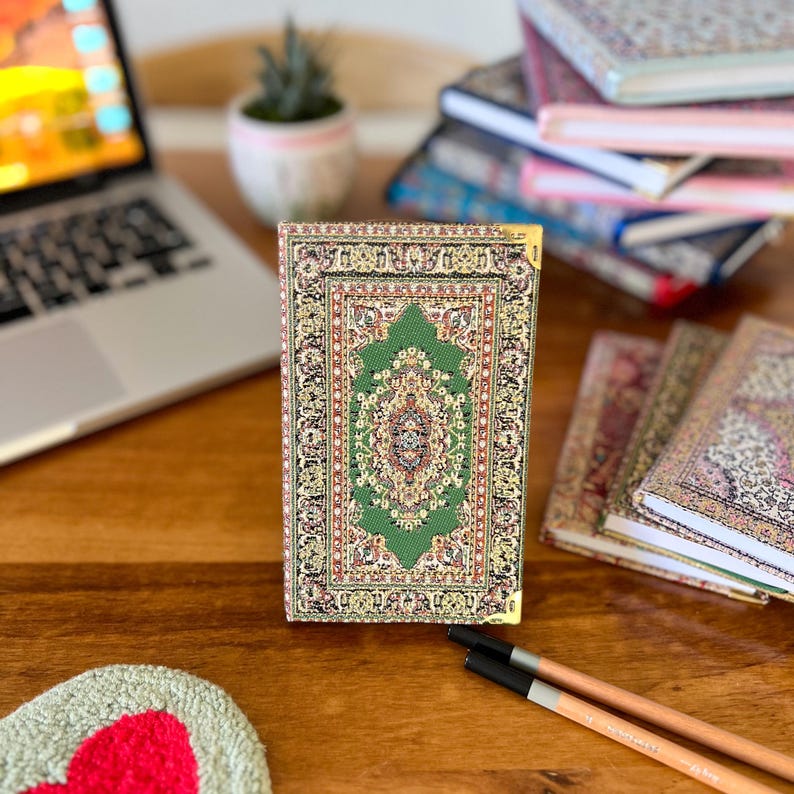 Handmade Pocket Journal: Boho Notebook, Small Notebook, Handmade Notebook, Small Notebook, Travel Size Notebook, Rug Design Notebook Green