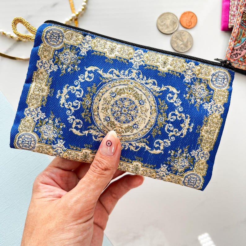 Handmade Boho Fabric Coin Purse: Small Zipper Pouch, Travel Makeup Bag Blue