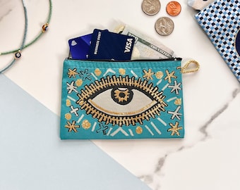 Monedero pequeño, bolsa de cambio de tela, bolsa de mal de ojo, monedero boho, monedero con cremallera, regalos boho para mujeres, regalos de mal de ojo para mujeres