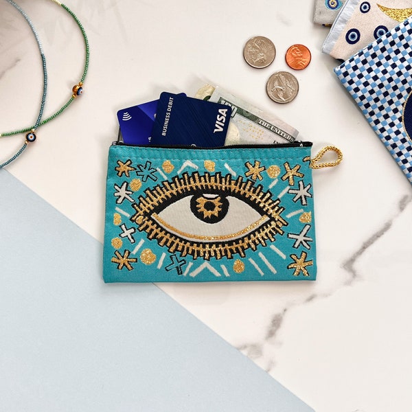 Small Coin Purse, Fabric Change Pouch, Evil Eye Pouch, Boho Coin Purse, Zipper Coin Purse, Boho Gifts for Women, Evil Eye Gifts for Women