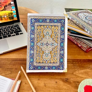 Handmade Fabric Journal: Turkish Carpet Pattern Boho Notebook Ice Blue