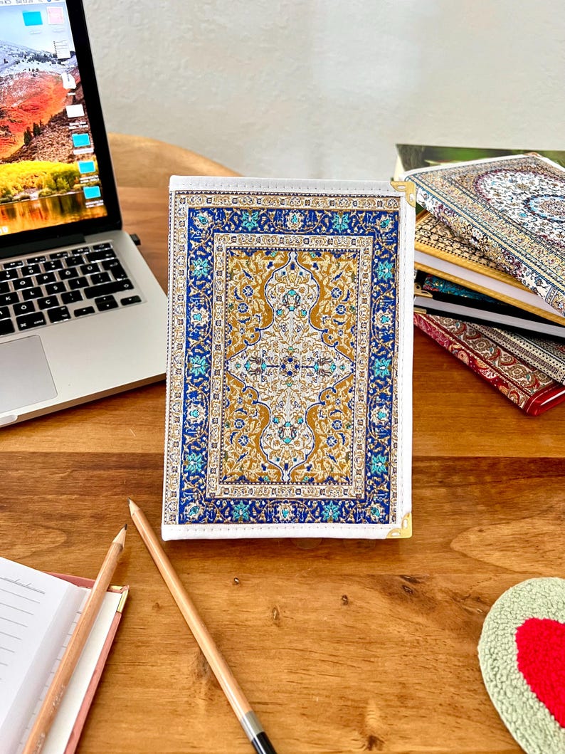 Handmade Fabric Journal: Turkish Carpet Pattern Boho Notebook Ice Blue