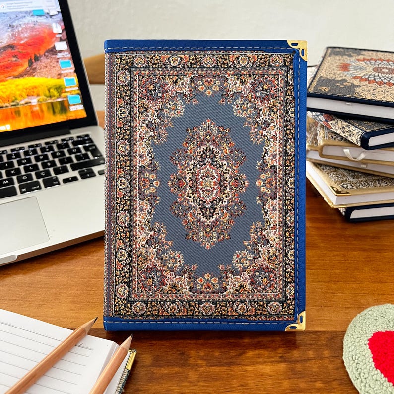 Handmade Fabric Journal: Turkish Carpet Pattern Boho Notebook Blue