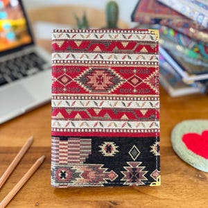 Handmade Fabric Journal: Turkish Carpet Pattern Boho Notebook Red