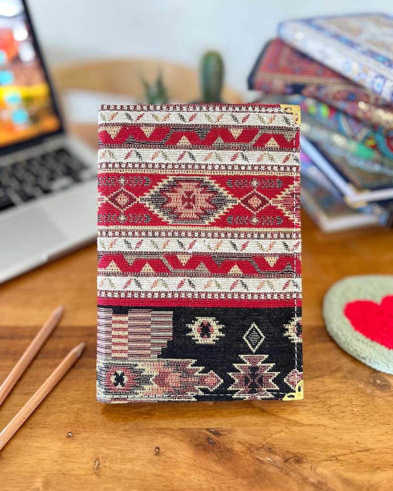 Handmade Fabric Journal: Turkish Carpet Pattern Boho Notebook Red