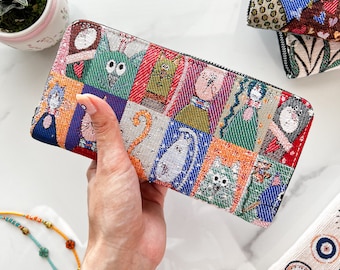 Handmade Zip Around Wallet for Women,Vegan Wallet Women, Cute Wallet Woman, Boho Wallet, Wallet for Cat Mom, Owl Design Gift