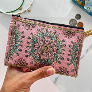 Handmade Boho Fabric Coin Purse: Small Zipper Pouch, Travel Makeup Bag Pink Floral