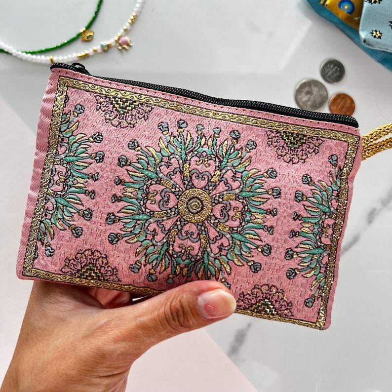 Handmade Boho Fabric Coin Purse: Small Zipper Pouch, Travel Makeup Bag Pink Floral