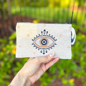 Handmade Fabric Coin Purse, Small Coin Purse,Slim Make Up Pouch, Cute Coin Purse, Boho Zippered Pouch, Pouch for Credit Cards and Coins Beige Evil Eye