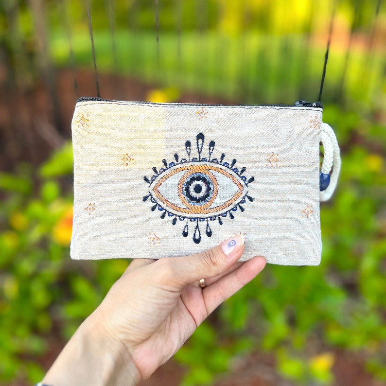 Handmade Fabric Coin Purse, Small Coin Purse,Slim Make Up Pouch, Cute Coin Purse, Boho Zippered Pouch, Pouch for Credit Cards and Coins Beige Evil Eye