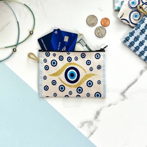Monedero Evil Eye, Estuche bohemio con cremallera, Monedero hecho a mano, Estuche Evil Eye, Estuche con cremallera, Organizador de bolso delgado, Estuche para tarjetas de crédito,