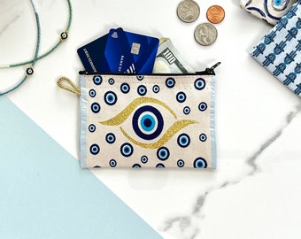 Evil Eye Coin Purse, Boho Zipper Pouch, Handmade Coin Purse, Evil Eye Pouch, Zippered Pouch, Slim Bag Organizer, Credit Card Pouch,