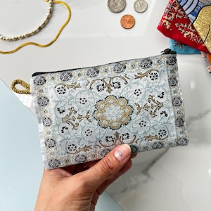 Handmade Boho Fabric Coin Purse: Small Zipper Pouch, Travel Makeup Bag Beige