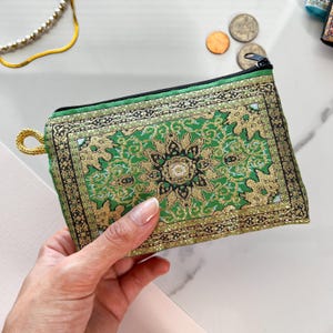 Handmade Boho Fabric Coin Purse: Small Zipper Pouch, Travel Makeup Bag Green Rug