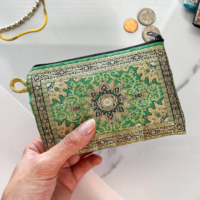 Handmade Boho Fabric Coin Purse: Small Zipper Pouch, Travel Makeup Bag Green Rug
