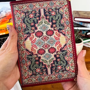 Handmade Fabric Journal: Turkish Carpet Pattern Boho Notebook Maroon
