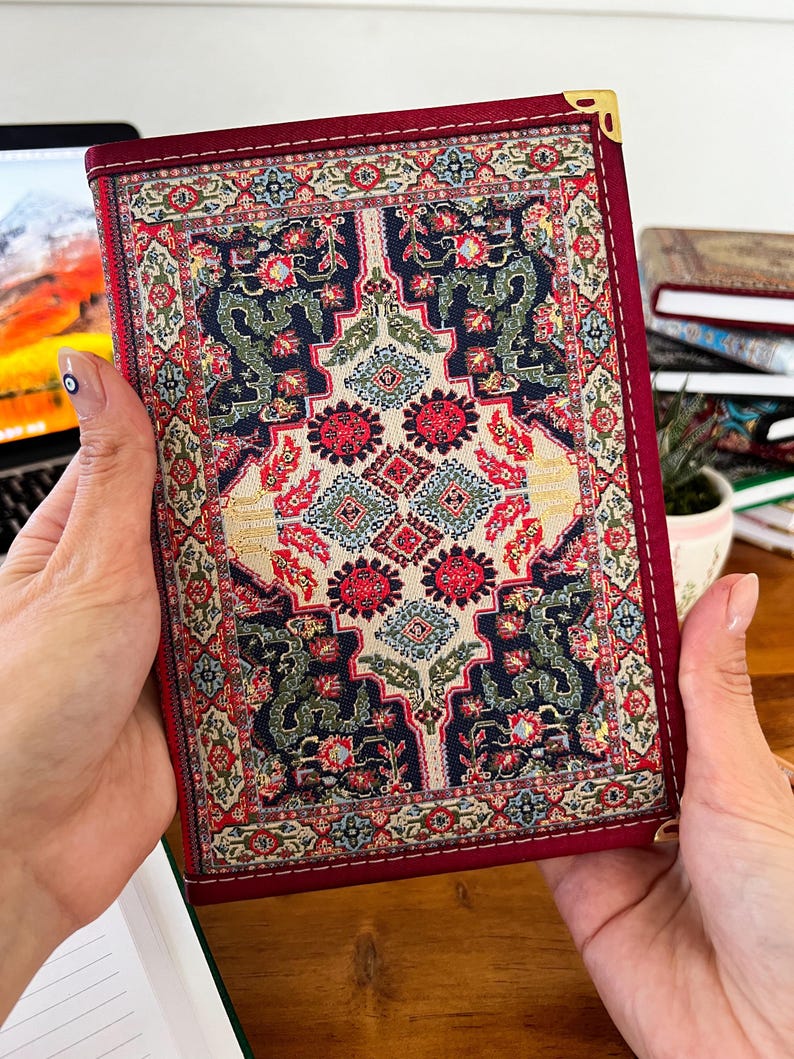 Handmade Fabric Journal: Turkish Carpet Pattern Boho Notebook Maroon