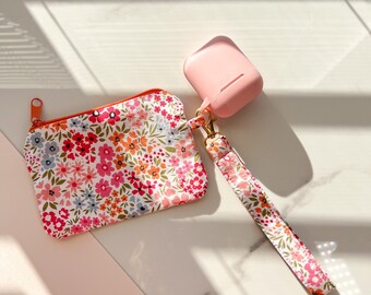 Floral Fabric Keychain Wristlet: Handmade Cotton Boho Key Fob