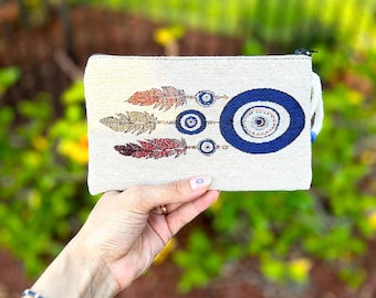 Evil Eye Coin Purse, Handmade Coin Pouch, Floral Coin Purse, Small Gifts For Women, Bridesmaid Gift, Small Makeup Bag, Fabric Coin Purse