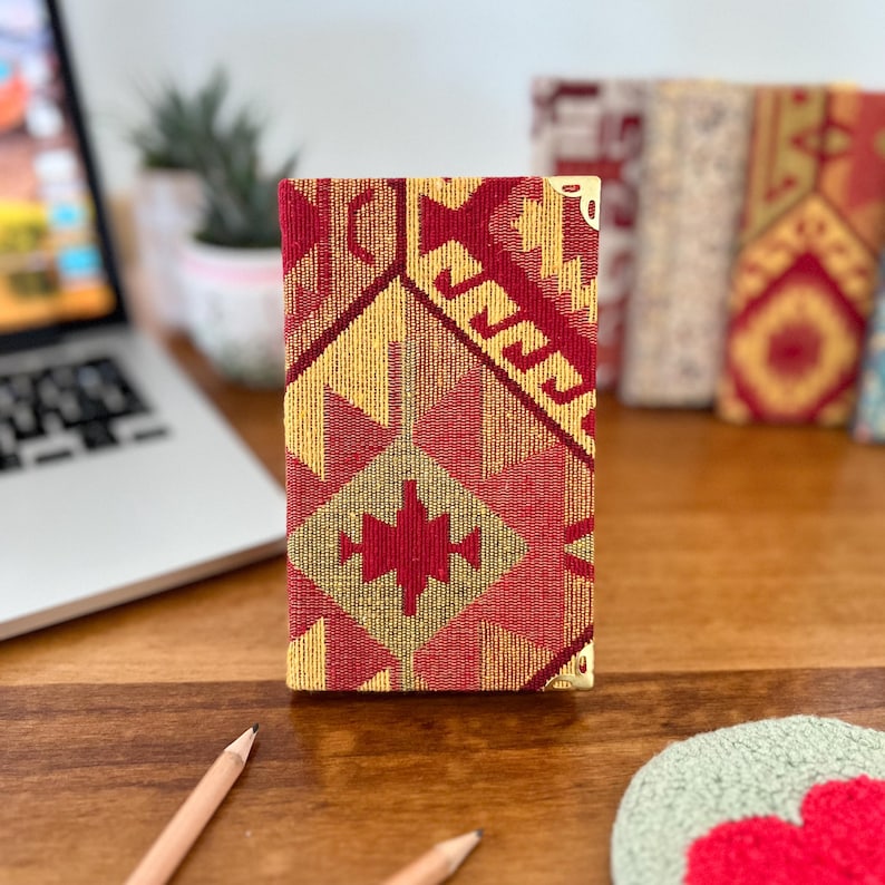 Handmade Pocket Journal: Boho Notebook, Small Notebook, Handmade Notebook, Small Notebook, Travel Size Notebook, Rug Design Notebook Orange
