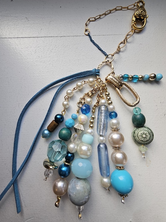 Upcycled Beaded Bag Charm, Aqua Blue Pearls, Gold Accents - Etsy display picture 2