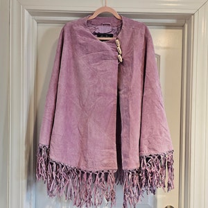 1990s Vintage Terry Lewis NWT Purple Suede Cape / 90s Pastel Lavender Fringe Leather Poncho / One Size / Modern Cowgirl Chic