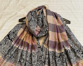 Pashmina dual color check border embroidery shawl Kashmiri handmade wrap Mother’s Day gift