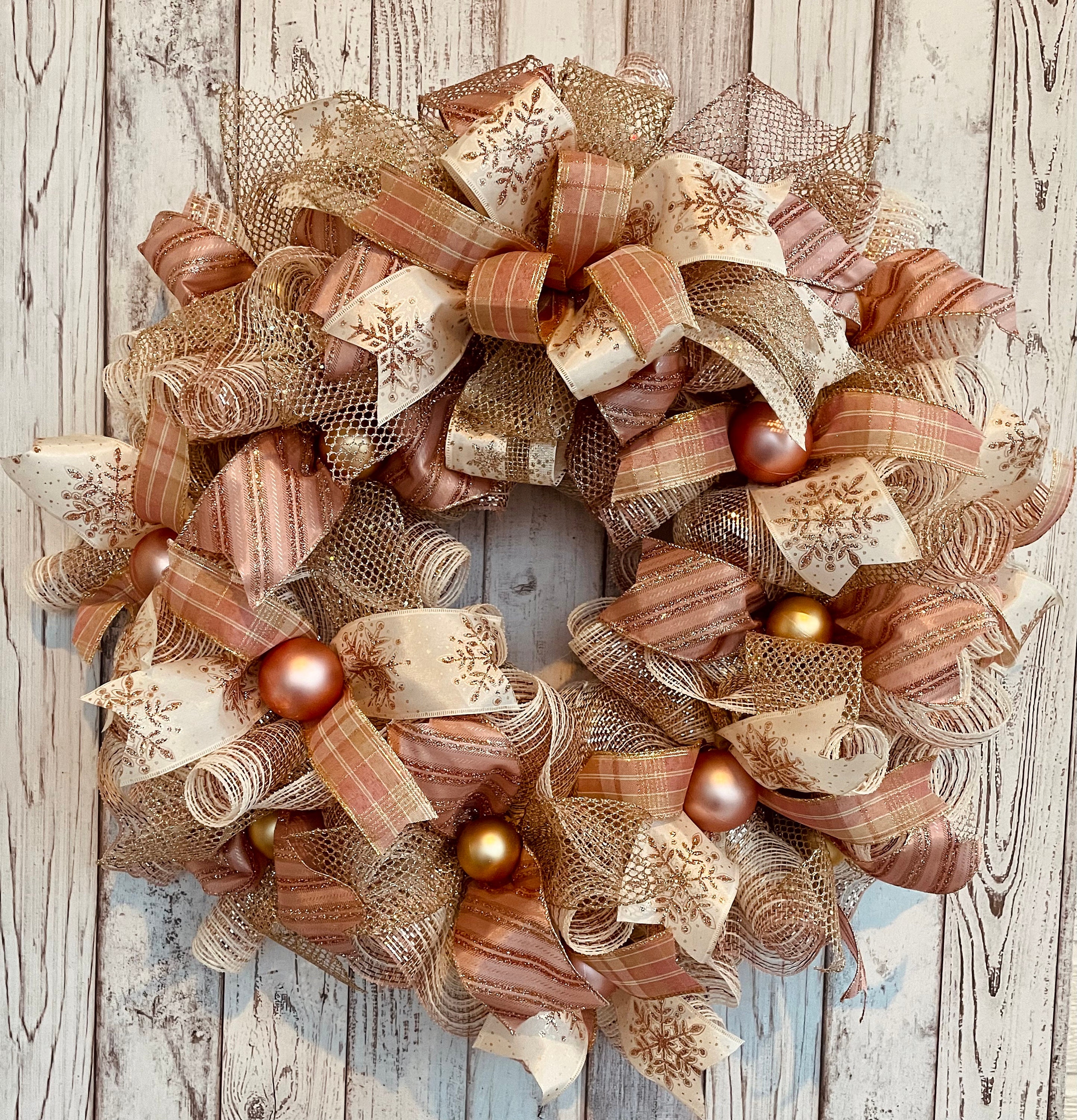 Rose Gold Deco Mesh Wreath, Elegant Wreath, Pink and Gold Wreath