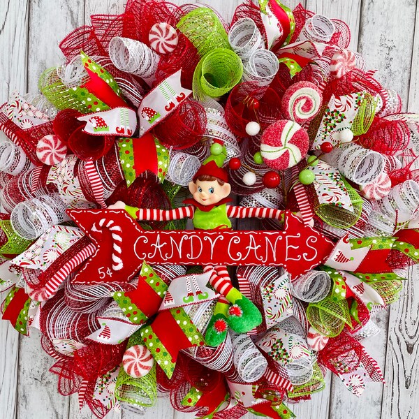 Candy Cane Wreath With Elf Etsy
