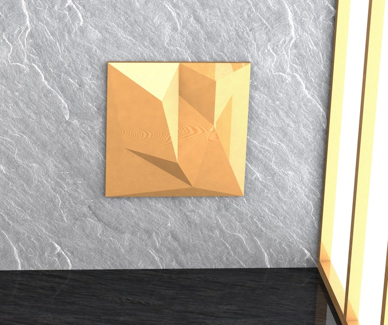 May include: A geometric wall sculpture made of wood with a light brown finish. The sculpture has a three-dimensional design with sharp angles and edges.