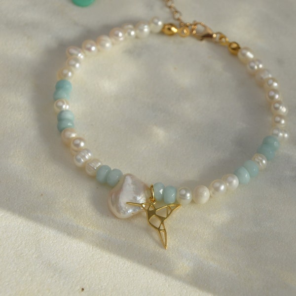 Fußkettchen Perlen || Türkis Amazonite Anklet || Gold Filled Edelsteine Sommer Kolibri